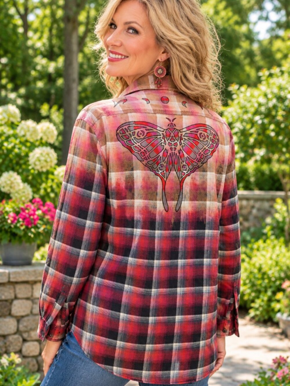 Upcycled Hand Painted Moth Sun Moon Shirt - Bleached Red Gray M
